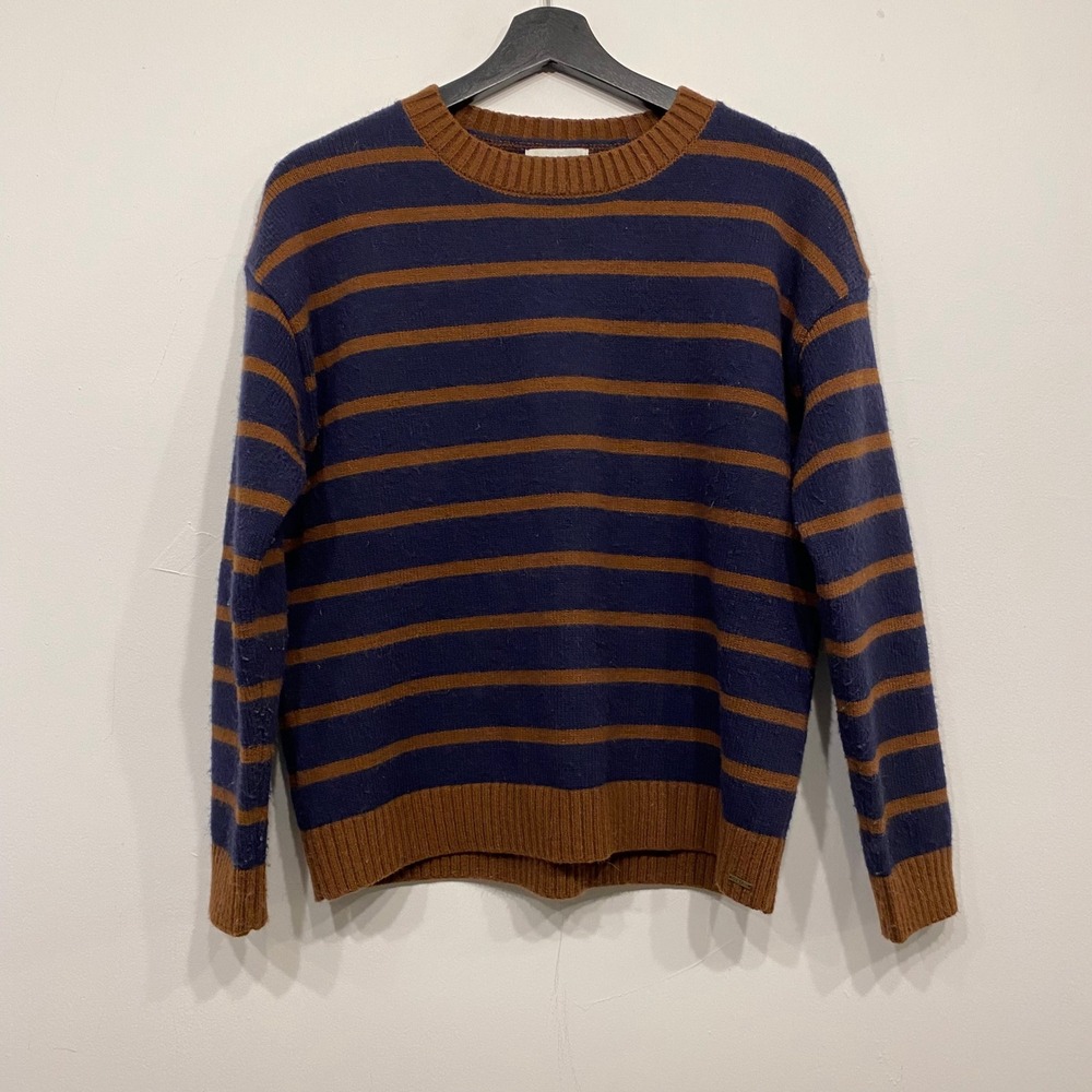 Q2 Womens Striped Crewneck Sweater Navy Blue Rust Brown‎ Knit Pullover Size M